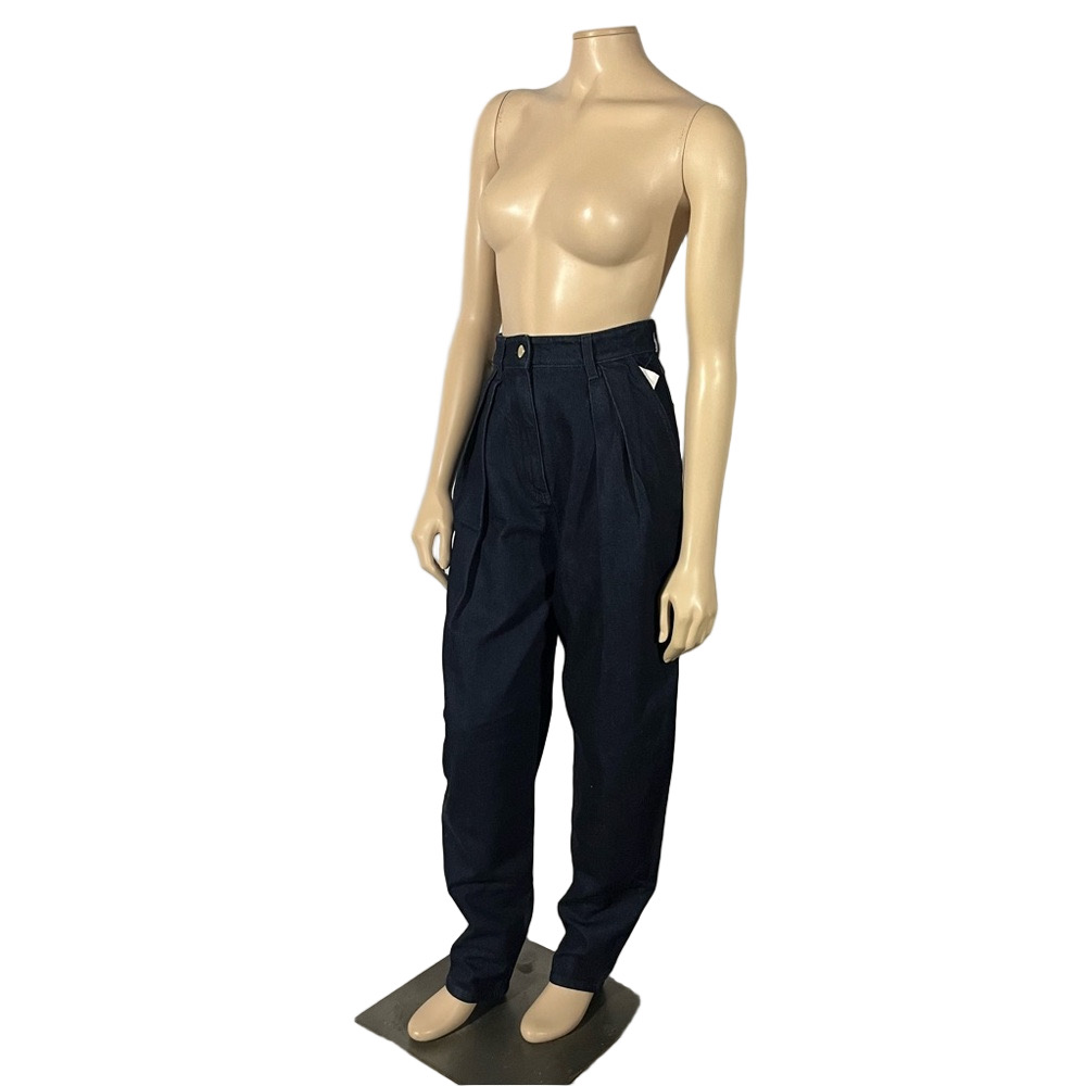 NWT Alberta Ferretti Dark Denim Pleated Barrel Trousers with Gold Button